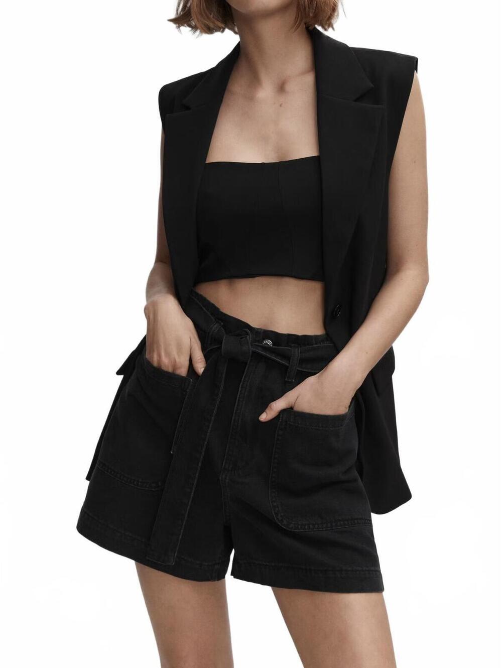 Mango Paperbag Shorts with Belt NWT Paola Black Denim Size XXL